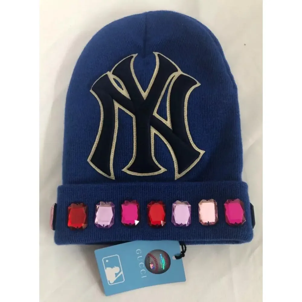 NWT Gucci NY Yankees Multicolor Jewel Trim Blue Wool Unisex Beanie Hat $530.00